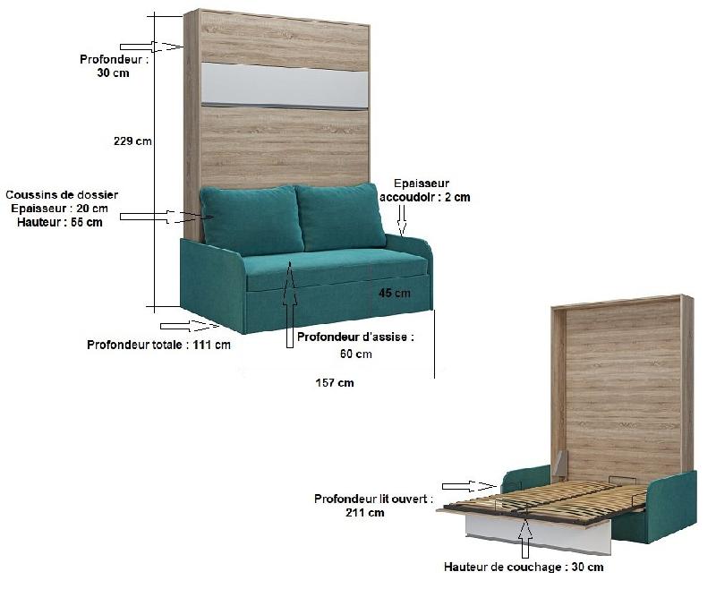 Armoire lit escamotable Bermudes Sofa blanc - bandeau gris - canapé gris 140x200 cm avec rangement intégré_2