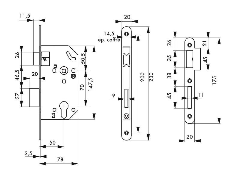 Serrure à encastrer Monomax NF - Têtière inox, coffre acier embouti, pêne galvanisé_2
