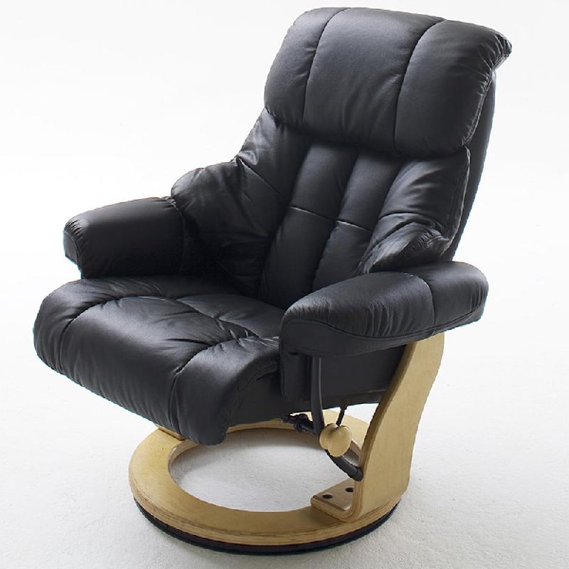 Fauteuil relax Clairac - cuir noir, pied en bois naturel avec repose-pied - inclinable 135° et pivotant 360°_2