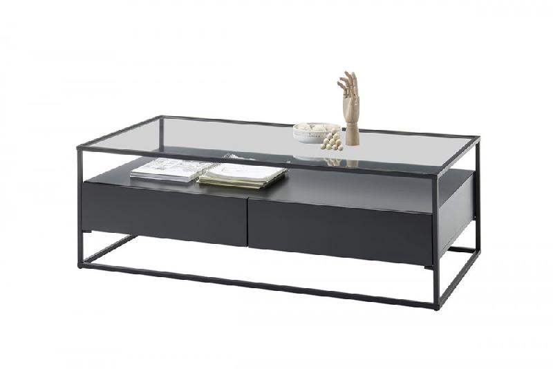 Table basse design Edmonton 120 cm - noir mat, plateau en verre trempé, piètement métal noir, 2 tiroirs_2