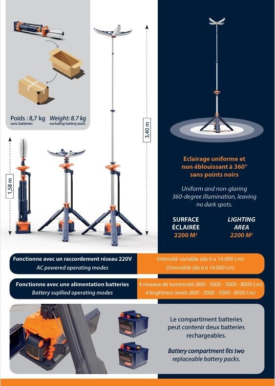 Tour d'éclairage portable de chantier - TULIP 300 - LED dimmable, batteries ou 220V, surface 2200m²_2