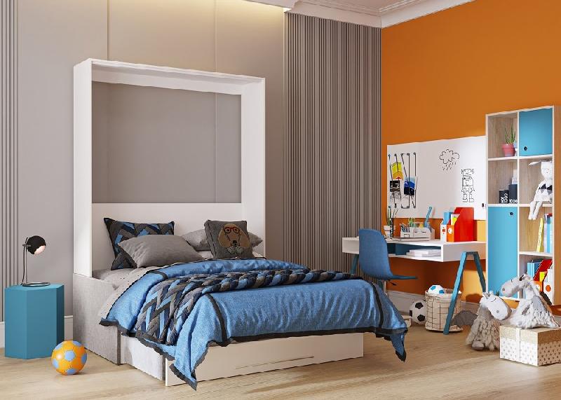 Armoire lit escamotable KOMPACT SOFA blanc mat - canapé avec accoudoirs et tiroirs tissu gris - couchage 160x200 cm_2