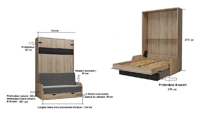 Lit escamotable industriel KEY SOFA - accoudoirs chêne, canapé avec tiroirs, tissu rouge, couchage 140x200 cm_2