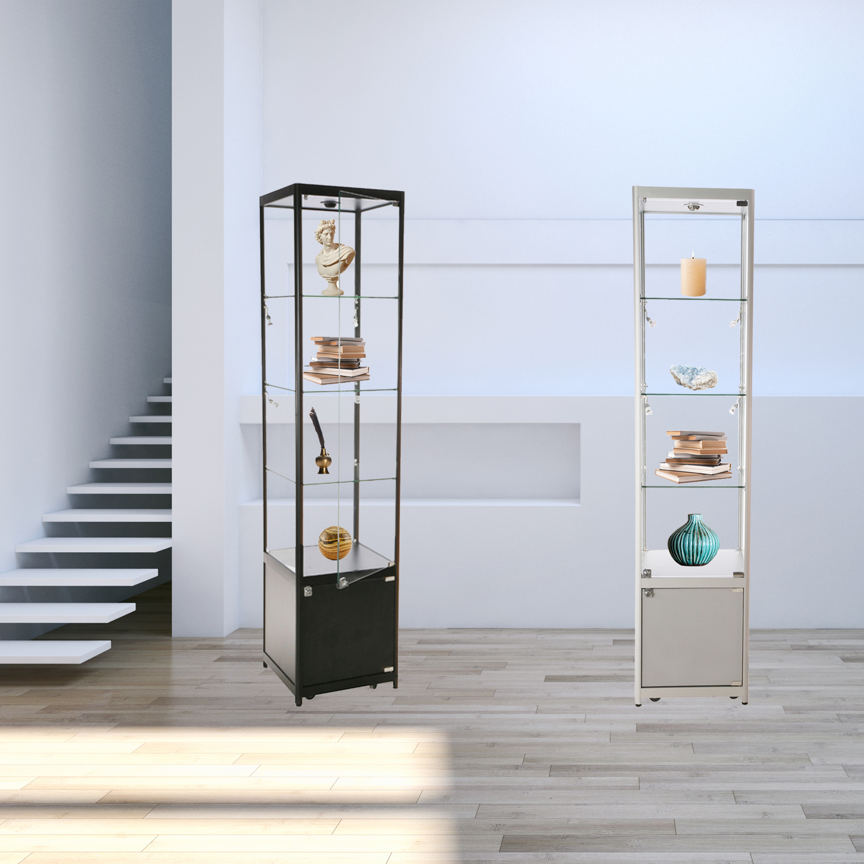 Vitrine d'exposition LED - H.200 x L.45 x P.45 cm - Noir - Réf.2228407 - Verre sécurité, aluminium robuste, éclairage LED_3