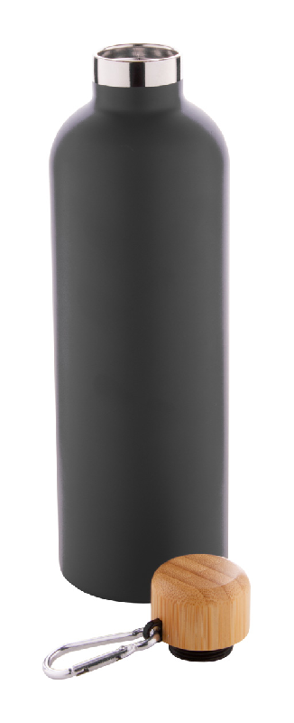 Thermos isotherme double paroi - acier inoxydable - couvercle bambou et mousqueton - 500 ml - couleur noire_2