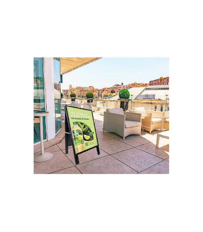 Chevalet stop trottoir bois noir avec porte affiche alu format A1 - Dimensions 106 x 62 cm - Référence : LSTFA1N_2