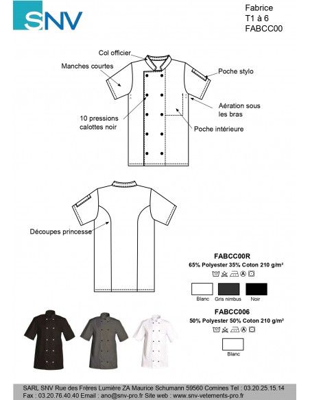 Fabcc00600 - Veste de cuisine SNV - manches courtes avec aération sous les bras et poches pratiques_2