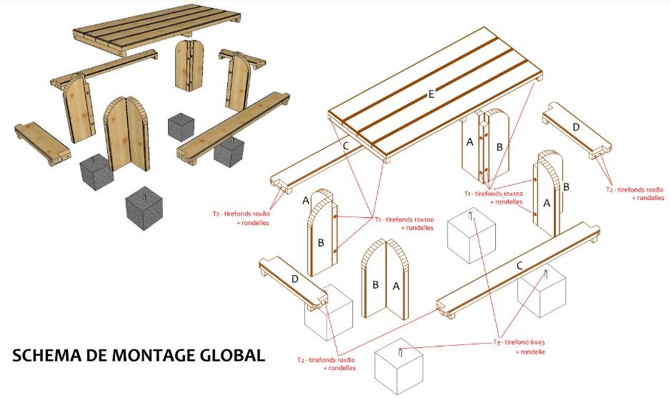 Table Elite Rectangulaire - Réf: ER240 - Piétement et Bancs en Bois - 2.42m x 1.42m x 0,75m - 150kg_2