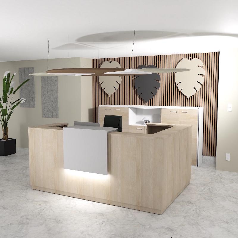 Banque d'accueil d'angle Delta Plus avec réhausse - Mobel Linea - 184, Blanc mat, Droite, Acacia clair, Non_2