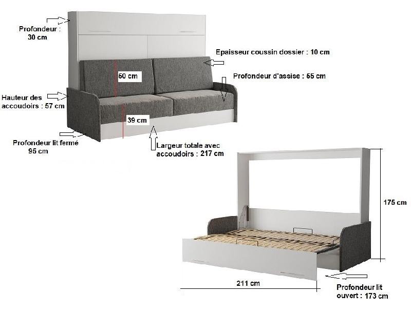 Armoire-lit escamotable VERTIGO SOFA - Façade blanc brillant - Canapé avec accoudoirs marron - Couchage 160x200 cm_2