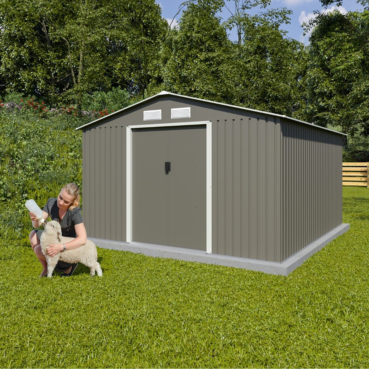 Abri de jardin en métal gris/vert 10,91 m² - Kit d'ancrage inclus - Garantie 5 ans - Réf. J-ABR135_2