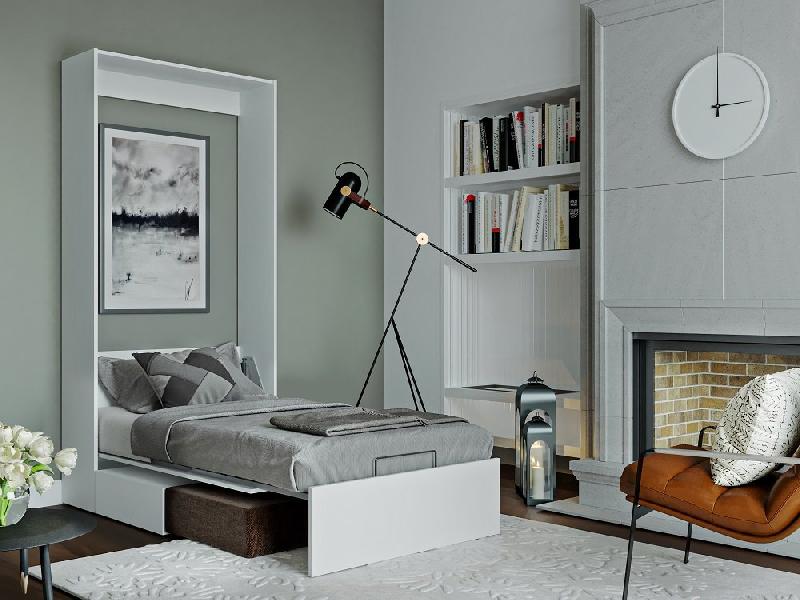 Armoire lit escamotable Dynamo Sofa - Canapé intégré blanc et tissu marron - Couchage 90x200 cm_2