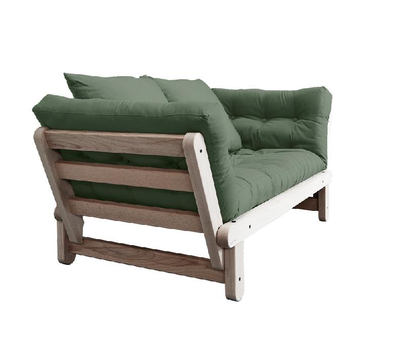 Banquette méridienne futon Beat - Pin naturel, tissu vert olive, couchage 75x200 cm_2