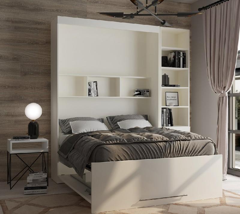 Lit escamotable Lutecia - Blanc mat - Couchage 140 x 190 cm - Colonne bibliothèque intégrée_2