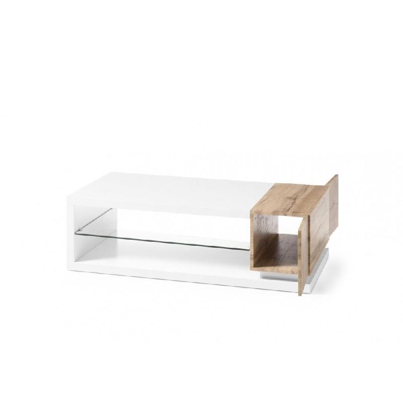Table basse Mardin 120 x 63 cm - décor chêne noueux et blanc laqué - design contemporain avec rangement et étagère en verre_2