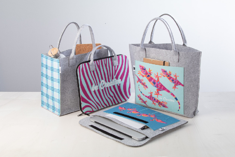 Sac shopping personnalisé en feutre RPET - poignées courtes et soufflets latéraux - impression sublimation incluse_2