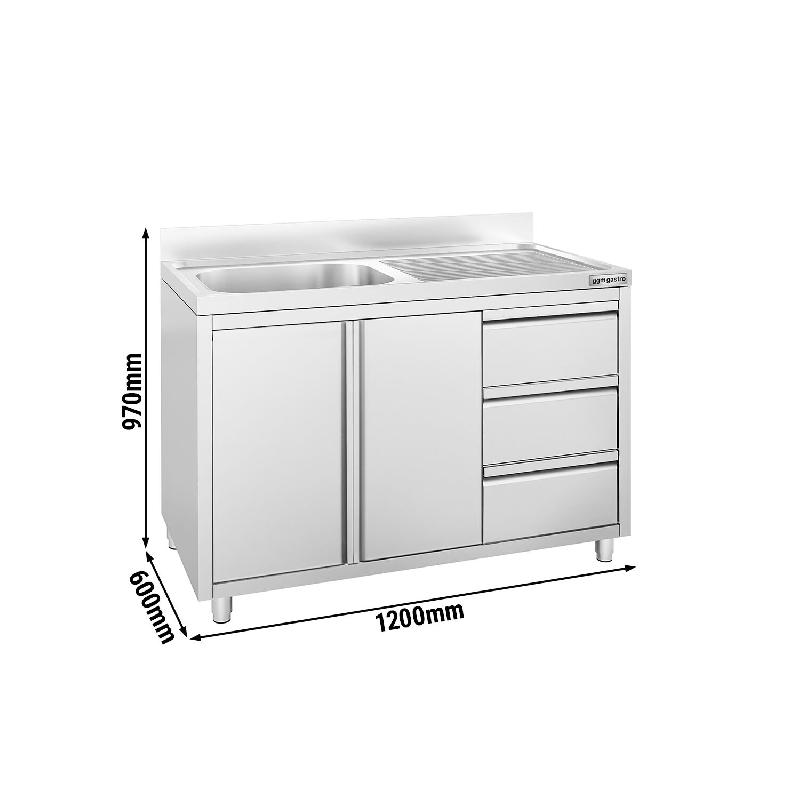 Plonge inox 1 bac à gauche et égouttoir sur placard avec 3 tiroirs - 1200 x 600 mm_2