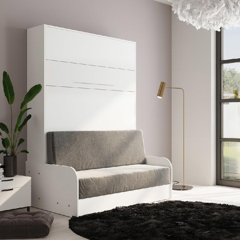 Armoire lit escamotable Kompact Viardo Sofa - canapé accoudoirs blanc mat - tissu gris - couchage 140x200 cm avec sommier à lattes_2