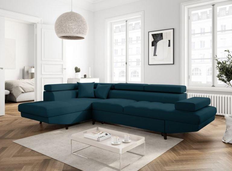 Canapé d'angle méridienne coffre gauche RINO convertible bleu canard - pieds laqués noir - 3 têtières réglables et 2 coussins déco_2