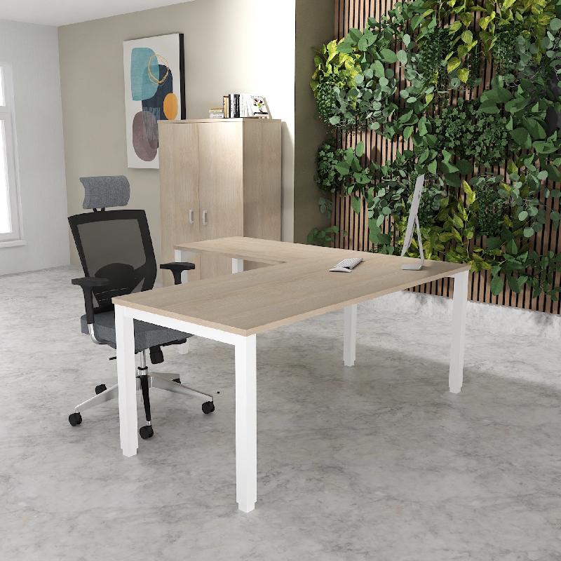 Bureau d'angle Tempo - Mobel Linea. - Blanc 9010, 160, Acacia clair, Non_0