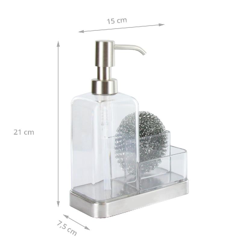 Distributeur de savon liquide et porte-éponges - Plastique transparent et acier inoxydable brossé - 400 ml_2