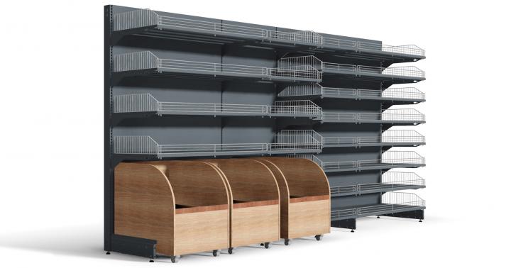 Mobilier de présentation pour fruits et légumes avec tablettes inclinées