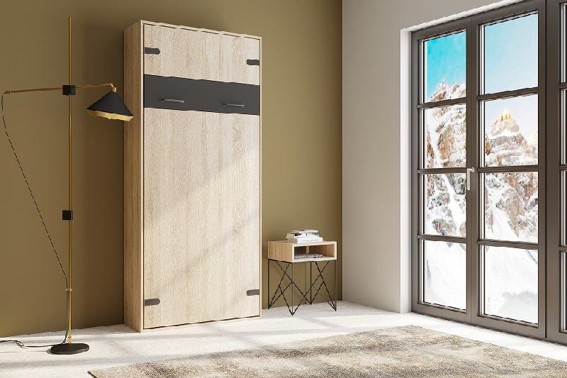 Lit escamotable style industriel Key - chêne, bandeau et ferrures noir mat - 90 x 200 cm - système vérins à pistons_2