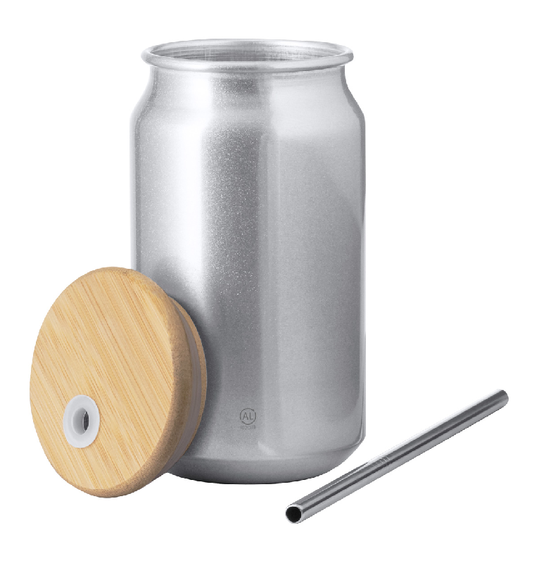 Gobelet publicitaire en aluminium recyclé - 430 ml - avec couvercle bambou et paille inox_2