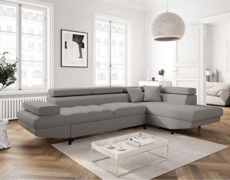 Canapé d'angle RINO - méridienne droite avec coffre - convertible - gris clair - pieds laqués noirs - 3 têtières réglables_2