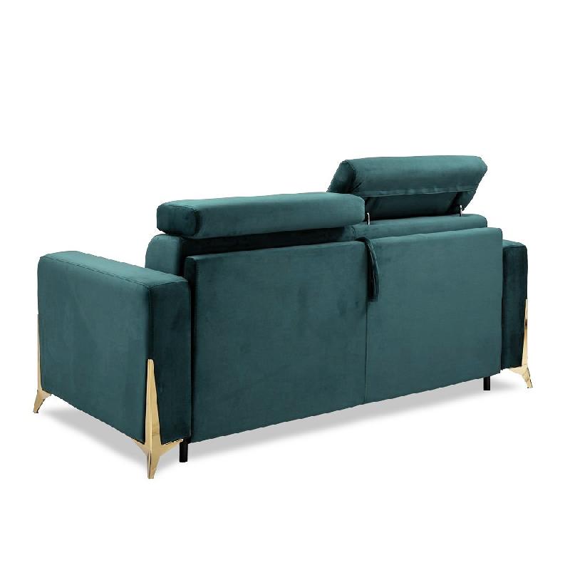Canapé convertible Express Odacio 3 places - Sommier à lattes 140x197 cm - Têtières réglables - Matelas 16 cm - Pieds dorés - Velours bleu/vert menthe_2