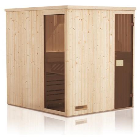 Cabine de sauna 194x144x199 avec poêle HARVIA VEGA 8KW à commande déportée - Bois d'épicéa et tilleul - Portes en verre trempé_2