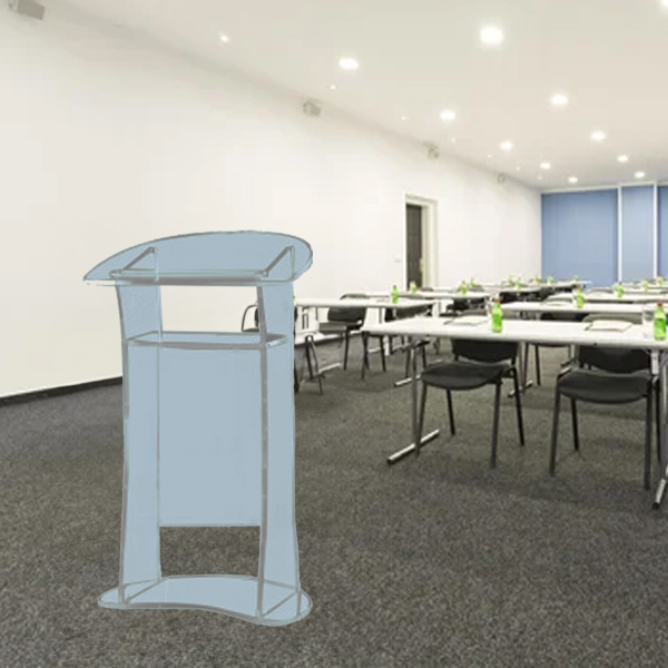 Pupitre de conférence premium en plexiglass cristal - Réf : 4909 - Plateau pour 2 formats A4, panneau personnalisable_2