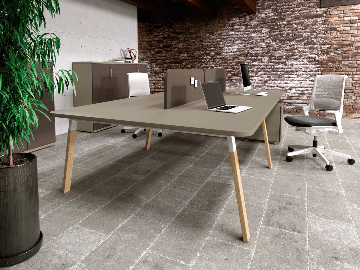 Bureau de coworking 4 personnes KELSO WOOD - bois massif et métal - plateau finition noisette_2