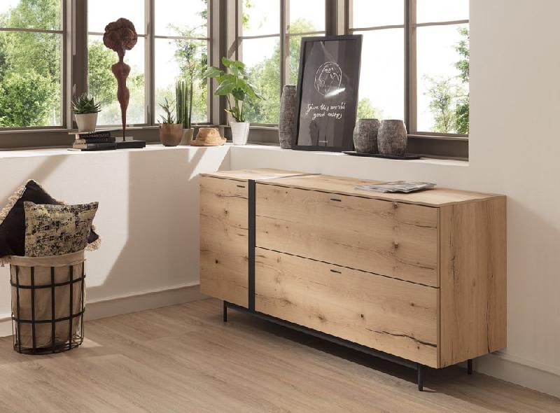 Buffet bas en chêne naturel - 1 porte, 2 tiroirs, design épuré - intérieur anthracite laqué_2