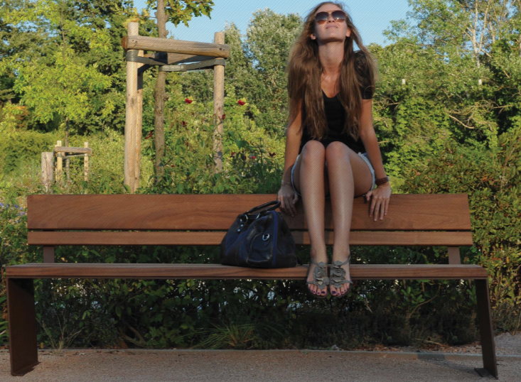 Banc public en bois PYSA - acier corten et bois tropical TIAMA - 2000mm_2