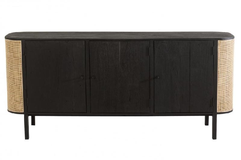 Buffet bas RARY - bois exotique noir et rotin naturel - 3 portes et 3 tablettes de rangement_2