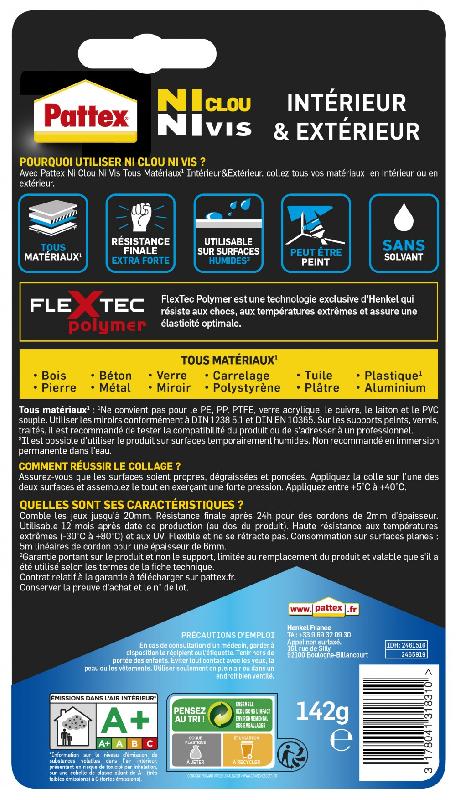 Colle de fixation PATTEX Ni Clou Ni Vis - 142g blanc, haute résistance et repositionnable_2