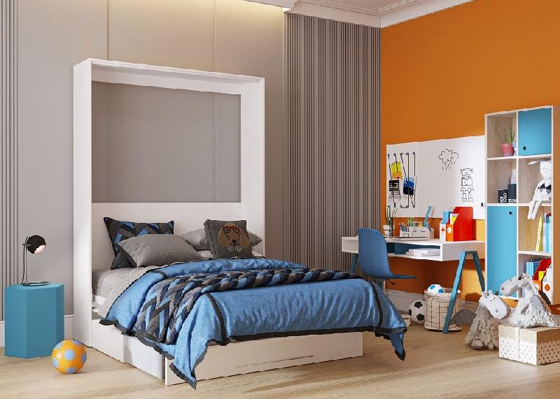 Armoire lit escamotable KOMPACT SOFA - canapé avec tiroirs, blanc mat, tissu gris, couchage 140x200 cm_2