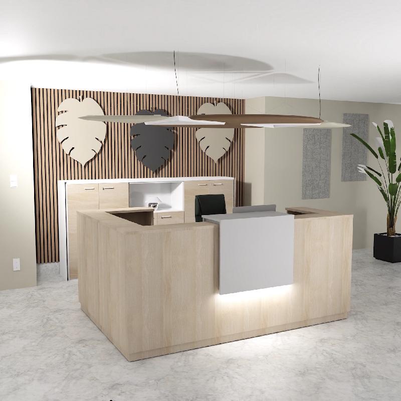 Banque d'accueil d'angle Delta Plus avec réhausse - Mobel Linea - 224, Blanc mat, Gauche, Acacia clair, Oui_2