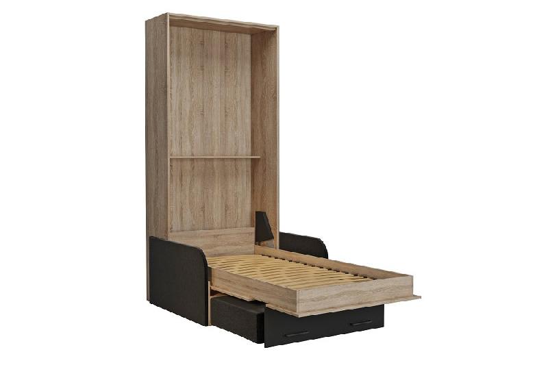 Lit escamotable style industriel KEY SOFA - canapé avec accoudoirs tissu et tiroirs de rangement - couchage 90x200 cm anthracite_2