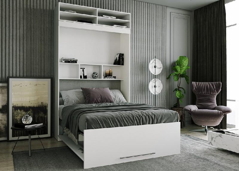 Lit escamotable Lutecia surmeuble - 140 x 190 cm - profondeur 50 cm - blanc mat - avec niches de rangement_2