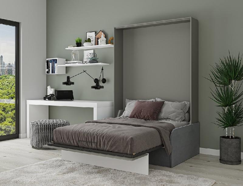 Armoire lit escamotable Bermudes Sofa gris - bandeau blanc - canapé intégré 140x200 cm_2