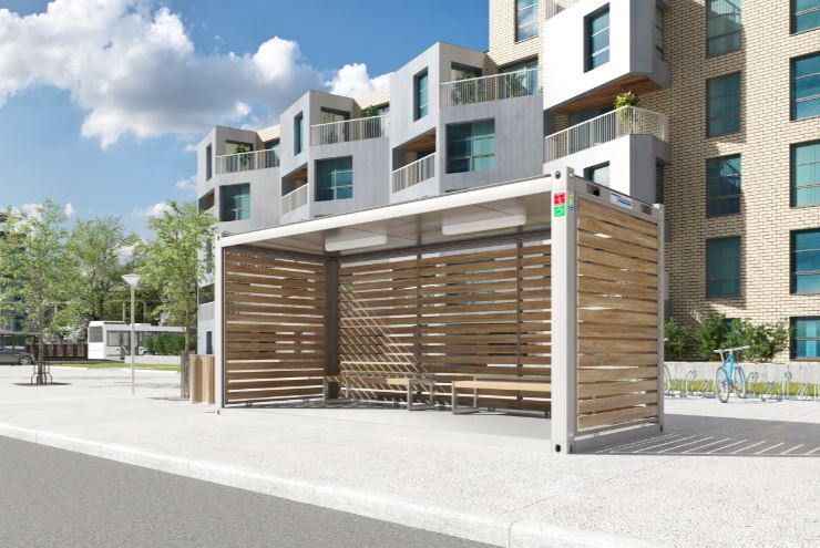 Espace extérieur modulaire avec bardage bois et sol en lattes WPC