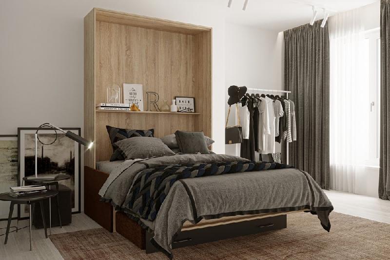 Lit escamotable style industriel KEY SOFA - chêne 140x200 cm - Canapé avec tiroirs et accoudoirs marron_2