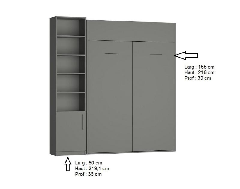 Lit escamotable DYNAMO gris mat - Couchage 140x200 cm avec colonne bibliothèque et rangements intégrés_2