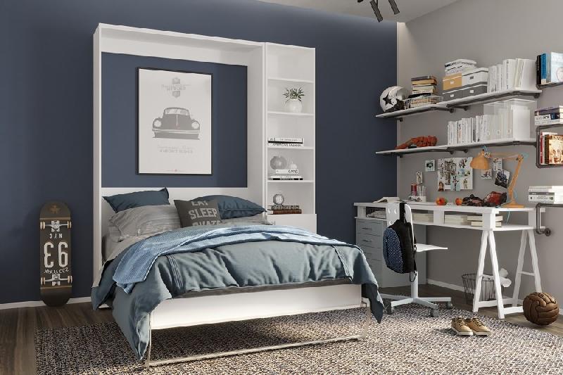 Composition armoire-lit SMART-V2 - Façade blanc brillant 140x200 cm avec bibliothèque blanc mat_2