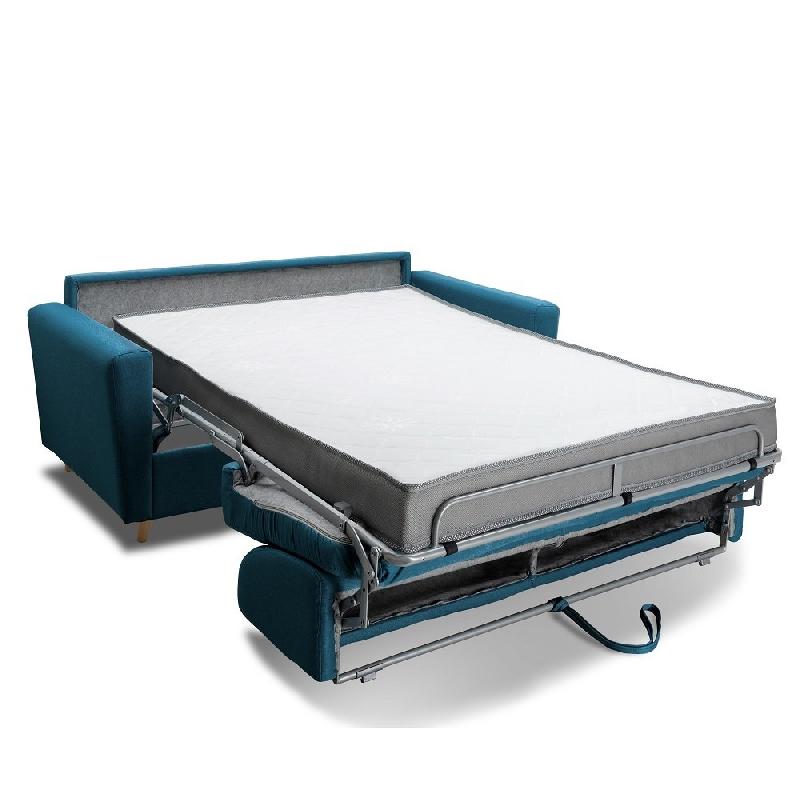 CANAPÉ MEZZANO CONVERTIBLE EXPRESS MATELAS 16 CM SOMMIER MÉTAL 140 CM TISSU TWEED BLEU PAON_2