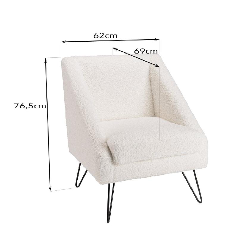 Fauteuil design GOTHY blanc en tissu bouclette - pieds épingles métal noir - style contemporain et élégant_2