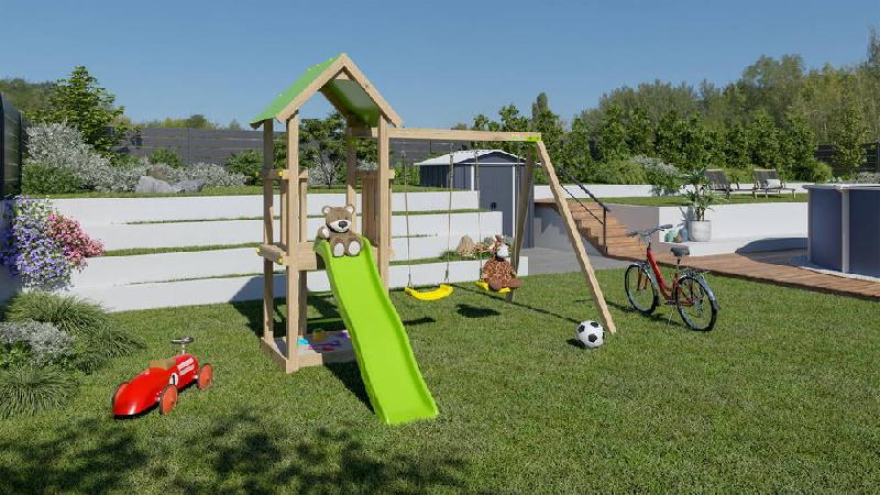 Aire de jeux Easy-Xperience - plateforme 1,2 m, toboggan, 2 balançoires, bac à sable - fabrication française_2