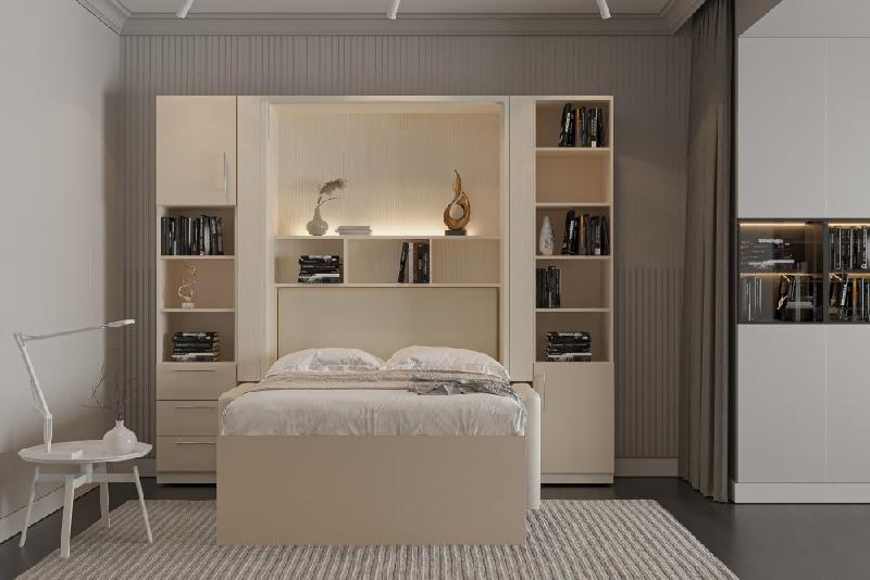 Composition armoire lit escamotable Fidji Sofa - couchage 140x200 avec colonnes de rangements intégrées et canapé blanc cassé_2